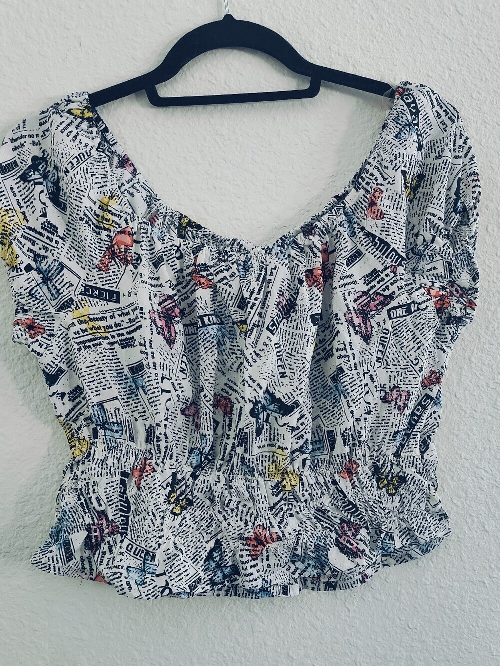 Butterfly Newspaper Print Peasant Top with Colorful Accents